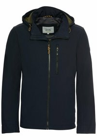 Veste imperméable bleu marine avec fermeture éclair à l'avant, capuche ajustable et poches latérales avec doublure intérieure contrastante. Tissu lisse et durable.