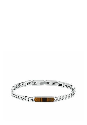 Bracciale a catena in argento con pietra centrale rettangolare occhio di tigre e chiusura sicura su sfondo bianco.