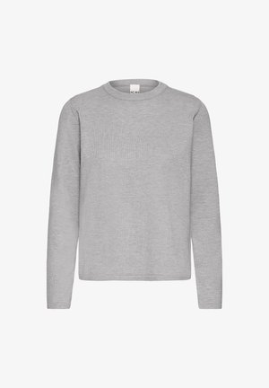 Hall halli pika varrukaga pullover ümar kaelusega, valmistatud pehmest materjalist, millel on lihtne ja puhas disain ning soonikuline tekstuur varrukaotstel.