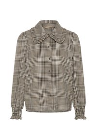Blouse boutonnée à manches longues avec motif à carreaux noir et beige, large col à volants et poignets à volants aux manches.