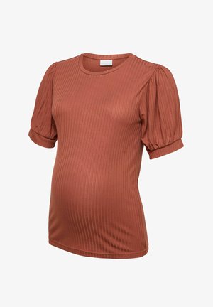 Haut de maternité côtelé couleur rouille avec manches courtes bouffantes et col rond.