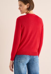 Maglione rosso a maglia con maniche lunghe e polsini a coste, abbinato a jeans in denim blu chiaro. La parte posteriore presenta un design semplice senza decorazioni.