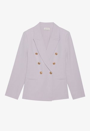 Double-breasted blazer in light lavender fabric with gold buttons and a notched collar. Features two front pockets and a tailored fit.