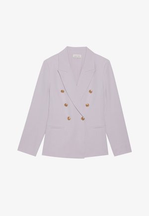 Double-breasted blazer in light lavender fabric with gold buttons and a notched collar. Features two front pockets and a tailored fit.