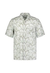 Camicia a maniche corte con un motivo di foglie verde chiaro su sfondo bianco, realizzata in un tessuto leggero con colletto classico e bottone anteriore.