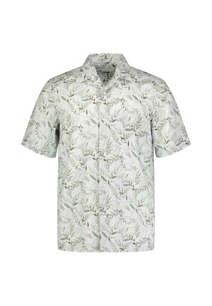 Camicia a maniche corte con un motivo di foglie verde chiaro su sfondo bianco, realizzata in un tessuto leggero con colletto classico e bottone anteriore.