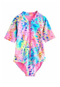 Dvoudílné plavky s krátkým rukávem, které mají živý, vícebarevný abstraktní vzor v odstínech růžové, modré, zelené a žluté; zapínání na přední zip.
