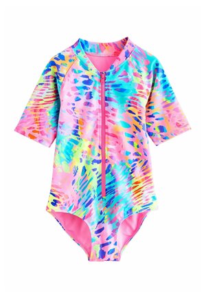 Kurzärmliger Badeanzug mit einem lebhaften, mehrfarbigen abstrakten Muster in Pink-, Blau-, Grün- und Gelbtönen; mit Reißverschluss auf der Vorderseite.