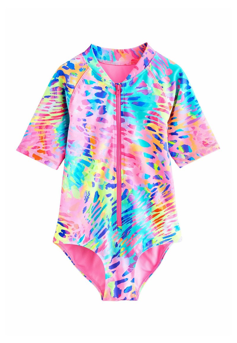 Dvoudílné plavky s krátkým rukávem, které mají živý, vícebarevný abstraktní vzor v odstínech růžové, modré, zelené a žluté; zapínání na přední zip.