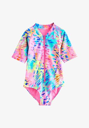 Kortærmet badedragt med et livligt, multifarvet abstrakt mønster i nuancer af pink, blå, grøn og gul; lukning med lynlås foran.