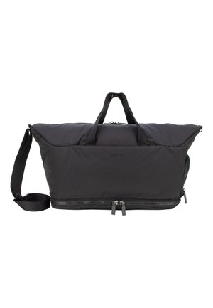 Borsa da viaggio in nylon nero con manici corti, tracolla regolabile, scomparto principale con cerniera e tasca inferiore con cerniera.