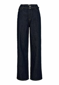 Sötétkék, bő szárú farmernadrág magas derékkal, övgyűrűkkel, elöl gombos záródással és kontrasztos varrással. Sima tapintás.