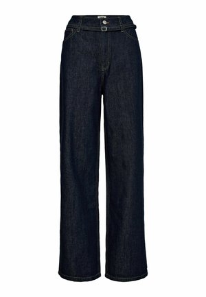 Pantalones vaqueros de pierna ancha en azul oscuro, con cintura alta, lazos para el cinturón, cierre de botón frontal y costuras en contraste. Textura suave.