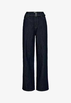 Tumed sinine teksapüksid laia säärega, kõrge vöökohaga, vöölõngadega, esise klikiga ja kontrastsete õmblustega. Sile tekstuur.