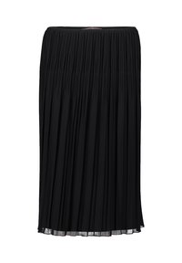Zwarte geplooide rok van een textuurstof met een elastische tailleband, die tot halverwege de kuit valt en een rechte, uitlopende silhouet heeft.