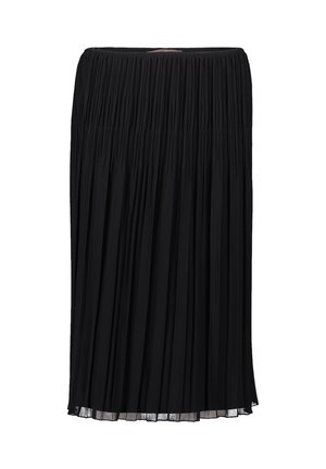 Sort plisseret nederdel med et struktureret stof og elastisk talje, der går til midt på læggen med en lige, svajet silhuet.