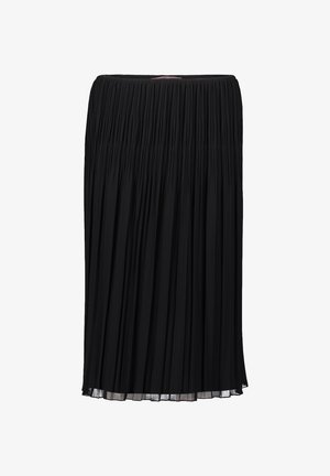 Schwarzer Faltenrock aus strukturiertem Stoff mit einem elastischen Bund, der bis zur Mitte der Waden reicht und eine gerade, ausgestellte Silhouette hat.