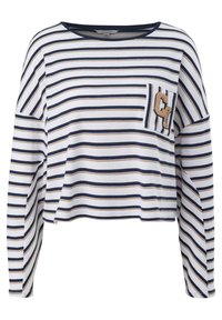T-shirt a maniche lunghe a righe nei toni bianco, blu navy e oro. Presenta un collo rotondo e una tasca sul petto sinistro con un dettaglio ricamato.