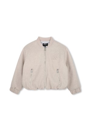 Veste zippée DKNY beige clair avec col côtelé, poignets élastiques, deux poches avant zippées et logo discret sur la poitrine gauche.