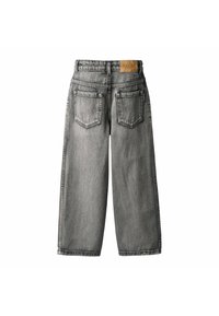 Gray denim wide-leg jeans with a high waist, featuring a brown leather patch at the back and two back pockets with horizontal stitching.