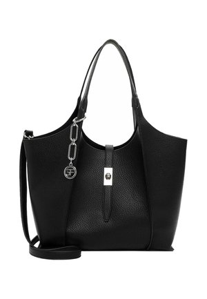 Schwarze Textur-Leder-Shopper-Tasche mit doppelten Griffen, abnehmbarem Schulterriemen, silberner Schnalle und silbernem Kettenanhänger mit rundem Logo.