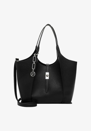 Schwarze Textur-Leder-Shopper-Tasche mit doppelten Griffen, abnehmbarem Schulterriemen, silberner Schnalle und silbernem Kettenanhänger mit rundem Logo.