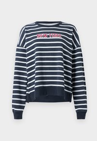 Marineblå og hvit stripet sweatshirt med rund hals og ribbede mansjetter. Har brodert "NEW YORK"-tekst på forsiden.