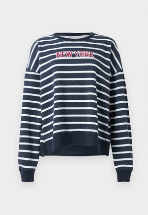 Tumesinine ja valge triibuline sviiter ümarate kaelustega ja soonikust mansettidega. Ees on brodüüritud tekst "NEW YORK".