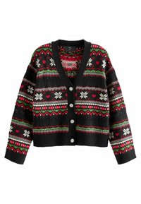 Sort cardigan med røde, grønne og hvide julemønstre, der viser snemænd, hjerter og knapper. Blødt strik med V-hals design.