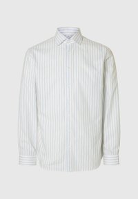 Witte overhemd met lange mouwen en blauwe verticale strepen, knoopsluiting en een klassieke kraag. Gemaakt van gladde stof, met een getailleerde pasvorm.