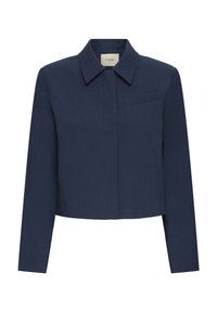 Jūros mėlynos spalvos trumpas švarkas su apykakle, ilgomis rankovėmis ir vienu krūtiniu kišenėje. Pagamintas iš lygaus, tekstūrinio audinio.