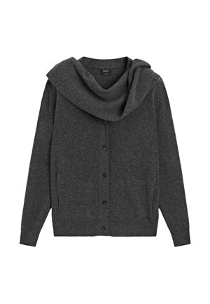 Cardigan grigio scuro a maglia con maniche lunghe, bottoni frontali e un ampio colletto ripiegato.