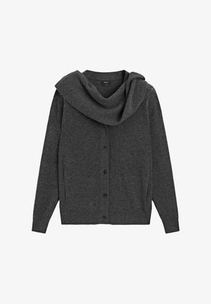Cardigan grigio scuro a maglia con maniche lunghe, bottoni frontali e un ampio colletto ripiegato.
