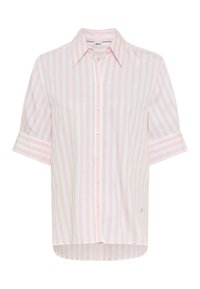 Short-sleeve blouse in lightweight fabric with pink and white vertical stripes, a pointed collar, and a curved hemline. Features button front.