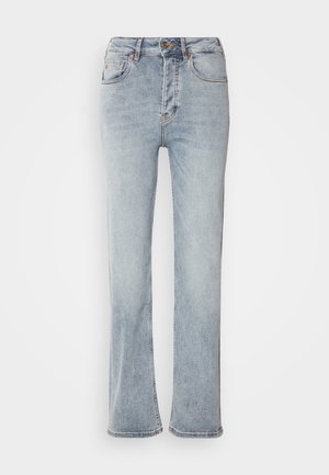Jeans in denim azzurro chiaro con vita alta, design a gamba dritta e leggero svaso all'orlo. Presentano dettagli di cucitura e chiusura a zip.