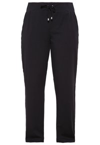 Svarta, lätta byxor med elastisk midja, justerbar dragsko och tapered passform. Slät yta utan synliga mönster.