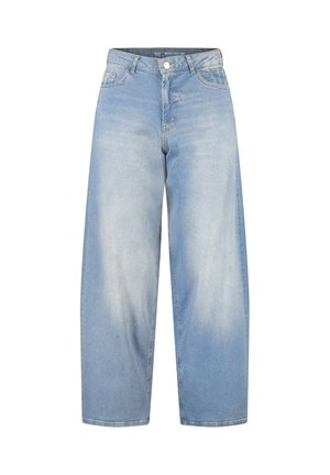 Lichtblauwe wijde jeans met knopen aan de voorkant, rits en klassiek ontwerp met vijf zakken, met een vervaagde wassing op de dijen.
