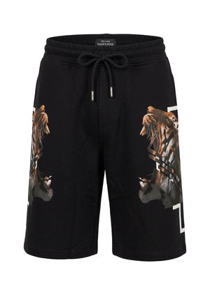 Pantaloncini neri in cotone con vita a coulisse, con volti di tigri ruggenti su entrambe le gambe e accenti geometrici bianchi.