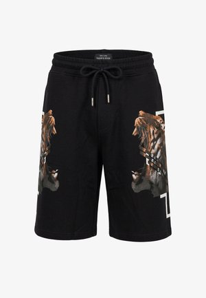 Pantaloncini neri in cotone con vita a coulisse, con volti di tigri ruggenti su entrambe le gambe e accenti geometrici bianchi.