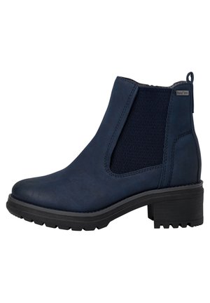 Bottine bleu marine avec semelle noire épaisse, panneau latéral élastique, languette pour tirer et talon bloc.