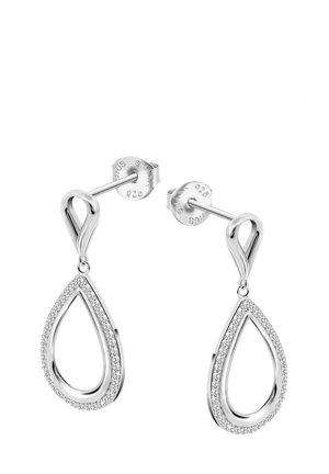 Boucles d'oreilles en argent au design courbé, présentant une forme goutte d'eau ouverte proéminente ornée de petites pierres étincelantes.