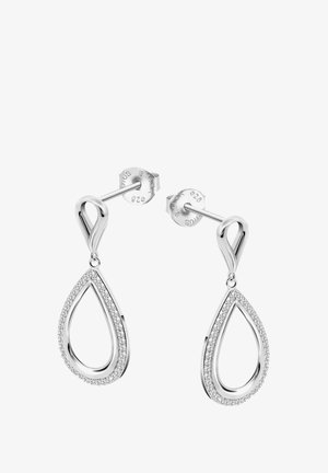 Boucles d'oreilles en argent au design courbé, présentant une forme goutte d'eau ouverte proéminente ornée de petites pierres étincelantes.