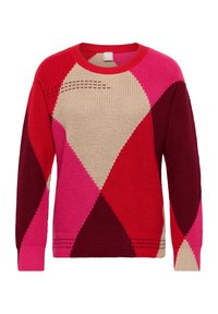 Gestrickter Pullover mit geometrischem Muster in Rot, Pink, Beige und Burgund. Rundhalsausschnitt und gerippte Bündchen. Strukturierter Stoff.
