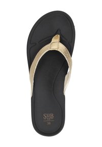 Gold patterned flip-flop with a black rubber sole. Features a textured strap and a molded footbed. Size 39 displayed on the sole.