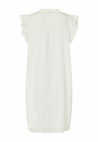 Weißes Leinenkleid mit kurzen rüschierten Ärmeln, einem knopfbaren Kragen und einem knielangen, lockeren Schnitt mit einer subtilen Textur.