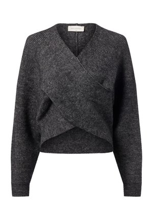 Pull en maille gris foncé avec devant croisé, manches longues et coupe courte.