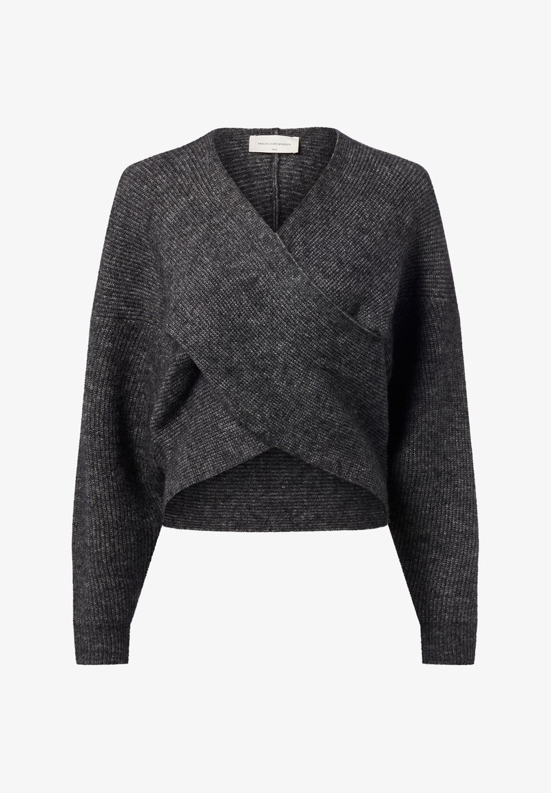 Pull en maille gris foncé avec devant croisé, manches longues et coupe courte.