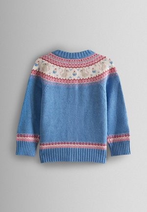 Blauer Strickpullover mit einem bunten gemusterten Einsatz in Creme, Rosa und Rot. Rippbündchen und Saum. Weicher Stoff und lockere Passform.