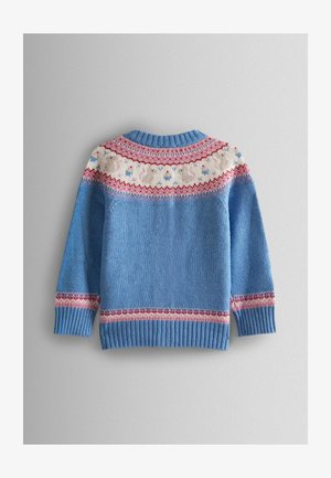 Mėlynas megztinis su spalvingu raštuotu apykakle, kuriame dominuoja kreminė, rožinė ir raudona spalvos. Susukami rankogaliai ir apatinė kraštinė. Minkšta tekstūra ir laisvas kirpimas.