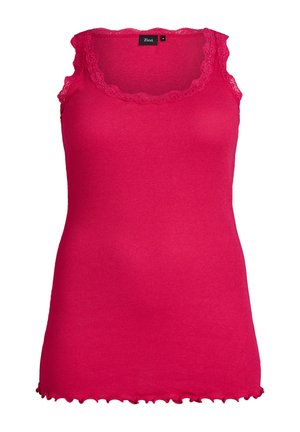 Bezrukávové jasnoružové rebrované tielko s čipkovým lemom okolo výstrihu a otvorov na ruky, s vlnkovaným lemom, veľkosť stredná.